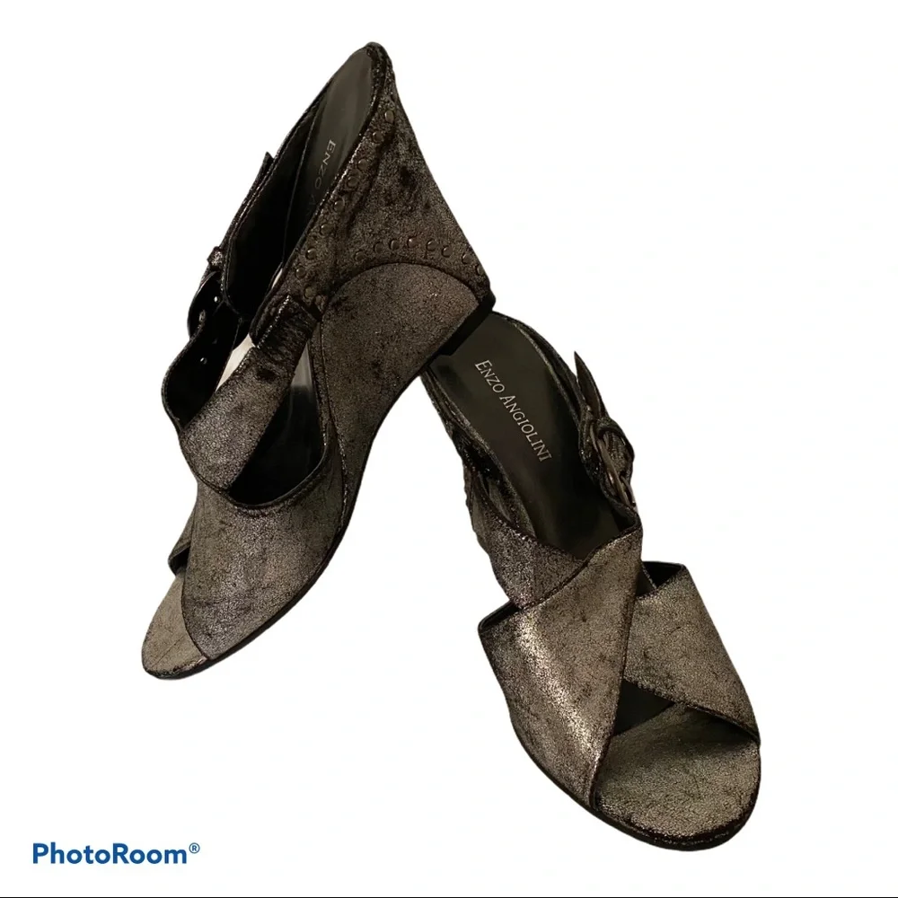 ENZO ANGIOLINI NEW SHOES WEDGE SILVER LEATHER OPEN TOE Size 8M NEELAY